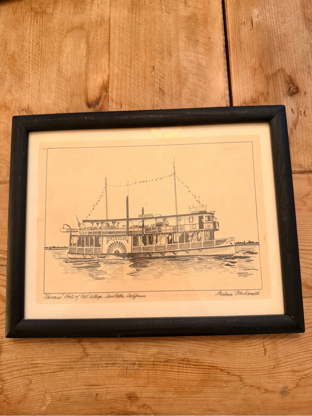 Black & White Framed Nautical Maritime Paddleboat Art Illustration signed